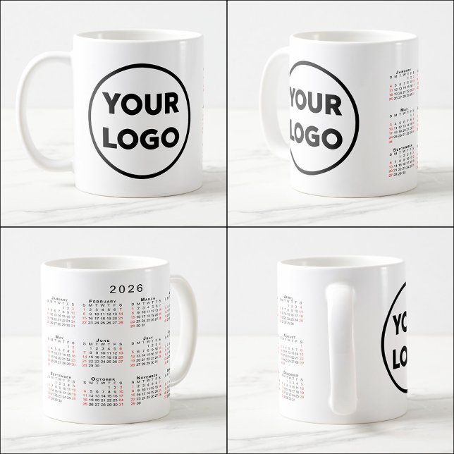 Anpassningsbar Business Logotyp 2026 - kalender Kaffemugg (Custom Business Logo 2026 Calendar Coffee Mug, multiple views)