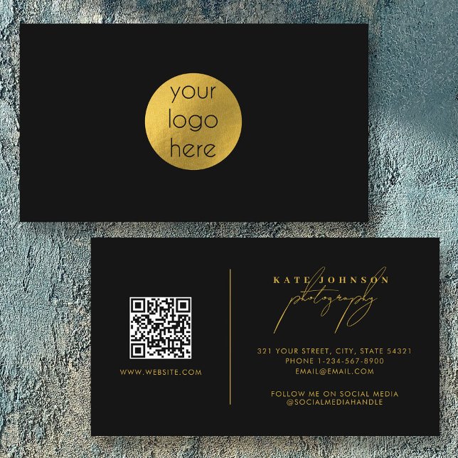 Anpassningsbar Business Logotyp Circle Black Guld Visitkort (Custom Business Logo Circle Black Gold Business Card)