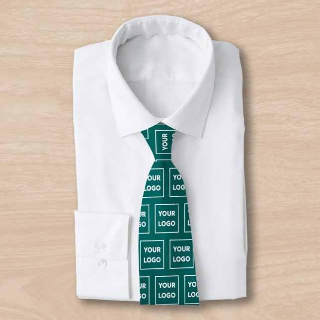 Anpassningsbar Business Logotyp Mönster på Teal 2  Slips (Custom Business Logo Pattern on Teal Neck Tie, tied, in situ)