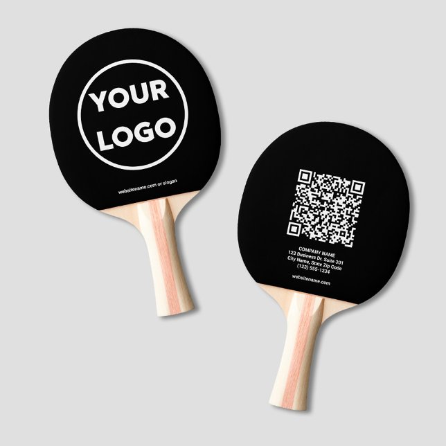 Anpassningsbar Business Logotyp QR Code Text Black Pingisracket (Custom Business Logo QR Code Text Black Branded Ping Pong Paddle, front/back)