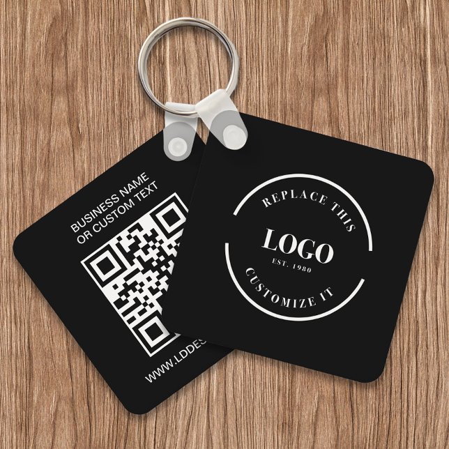 Anpassningsbar Business Logotyp QR-kodwebbplatstex Nyckelring (Front and back of double sided black keychain. Customizable business logo, text and website QR code,)