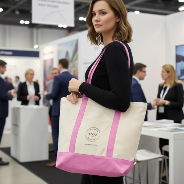 Anpassningsbar Business Logotyp webbplats Enkel ro Tygkasse (Custom pink and canvas branded, business logo and website tradeshow tote bag.)