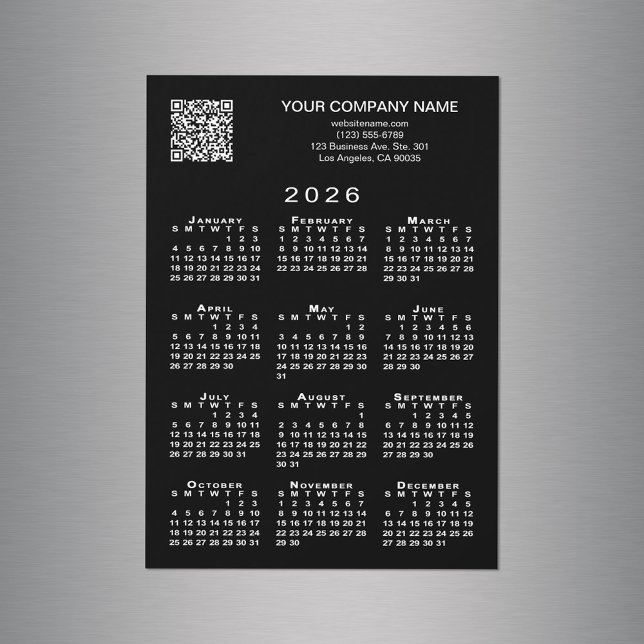 Anpassningsbar Business QR-kod 2026 Calendar Black (Custom Business QR Code 2026 Calendar Black Magnet in situ)