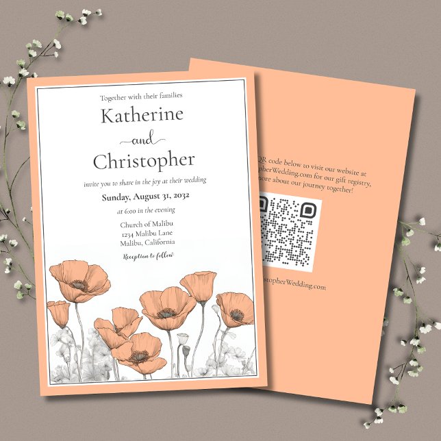 Anpassningsbar California Poppy Peach Blommigt Brö Inbjudningar (California Poppies floral wedding invitation in Peach Fuzz with QR code for wedding website.)