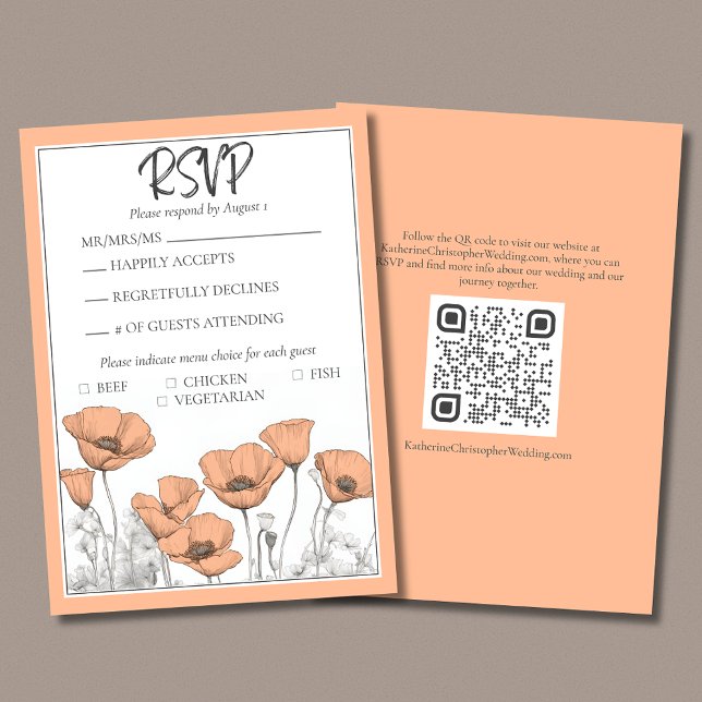 Anpassningsbar California Poppy Peach Blommigt Brö OSA Kort (Custom California Poppies Floral Wedding RSVP Card in Peach Fuzz with QR code for wedding website.)