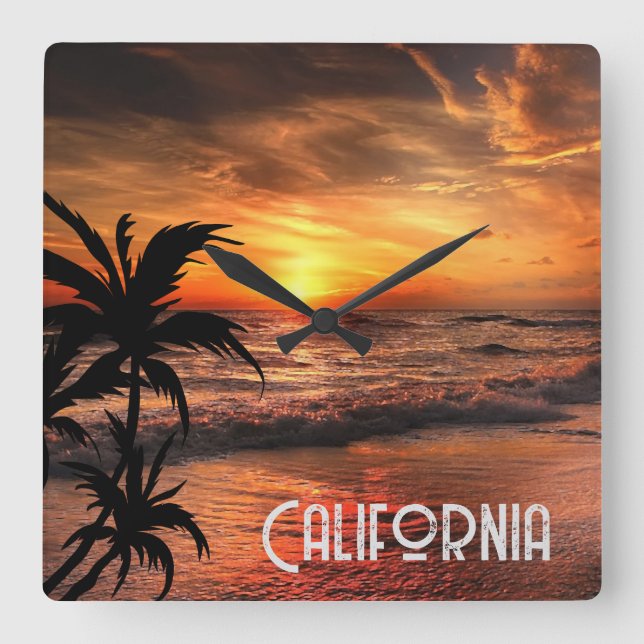 ANPASSNINGSBAR CALIFORNIA SUNSET BEACH NATURE BEAU FYRKANTIG KLOCKA (Framsida)