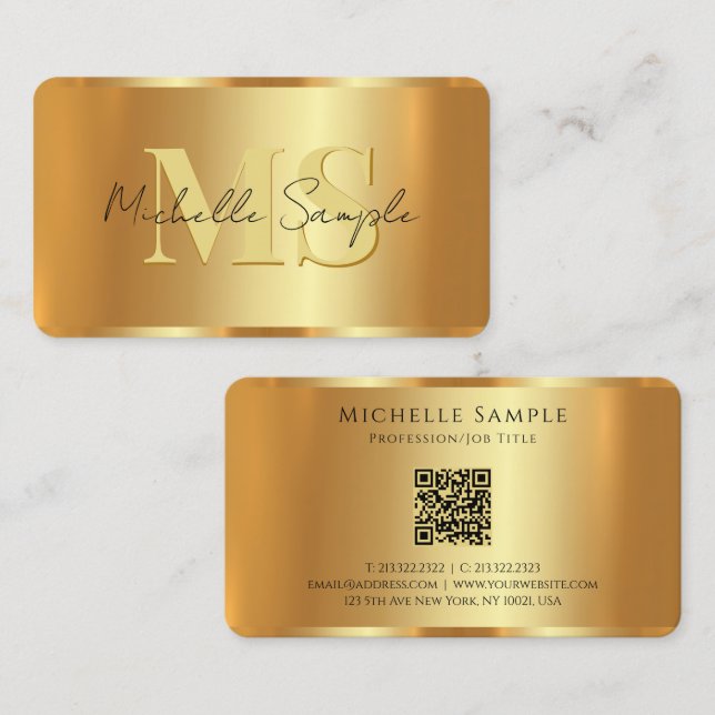 Anpassningsbar Calligraphy Namn QR Code Guld Monog Visitkort (Fram/baksida)