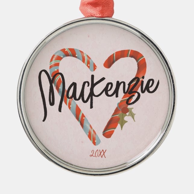 Anpassningsbar Candy cane Heart Namn jul Julgransprydnad Metall (Framsidan)