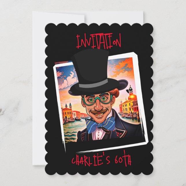 Anpassningsbar Caricature med Tophat in Venedig 60 Inbjudningar (Framsida)