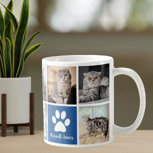 Anpassningsbar Cat Photo Collage Blue Paw Skriv ut Kaffemugg