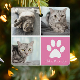 Anpassningsbar Cat Photo Collage Söt Rosa Dubbla S Julgransprydnad Keramik