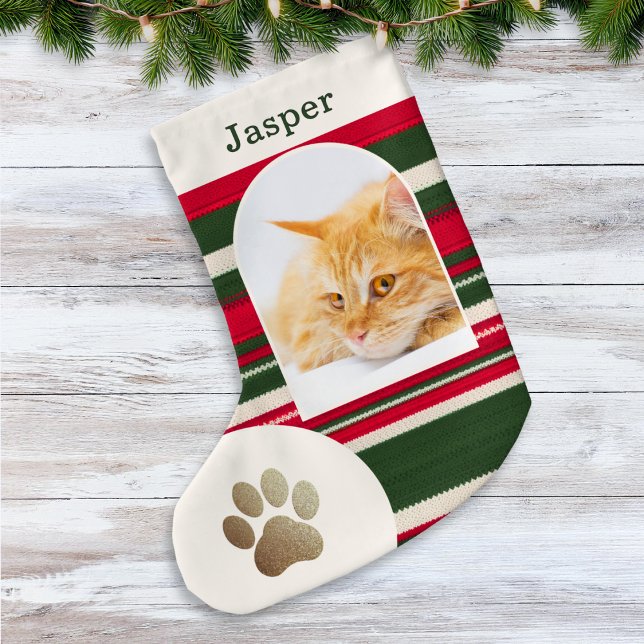 Anpassningsbar Cat Photo och Namn Red Grönt Stripe Liten Julstrumpa (A festive Christmas stocking for your pet cat, with red and green stripes and custom name)