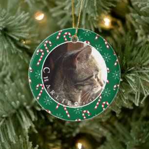 Anpassningsbar Cat Photo Polkagrisars Ram Grönt Or Julgransprydnad Keramik