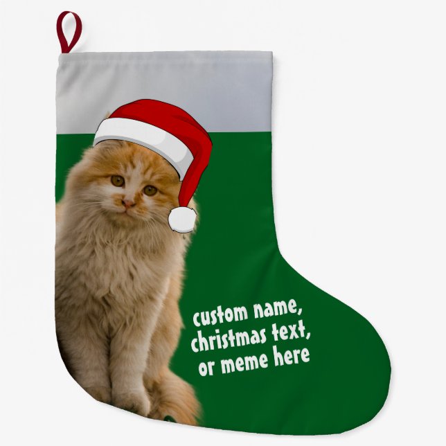 Anpassningsbar Cat Photo Stocking med Santa Hat Stor Julstrumpa (Framsidan)