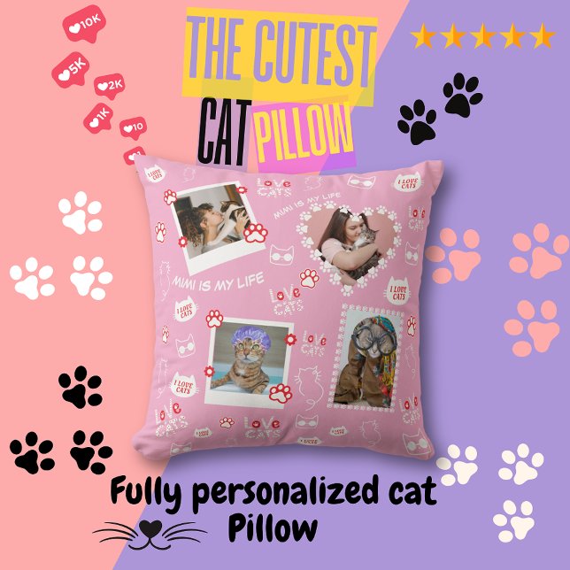 Anpassningsbar Cat Pillow med Ansikte Foton och Ka Kudde (Fully Personalized Cat Throw Pillow, Custom Your Cat Pillow, Add Cat Photo, Cat Name )