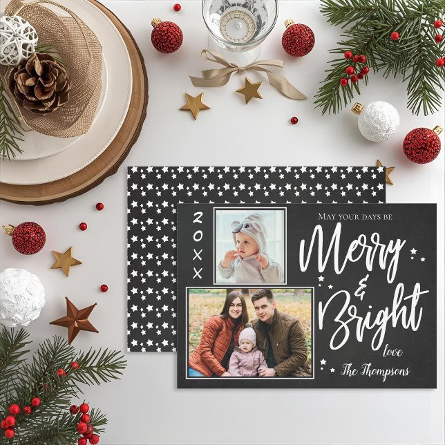 Anpassningsbar Chalkboard MERRY och BRIGHT Multi P Julkort (Chalkboard Merry & Bright Multi-Photo Christmas Holiday Card)