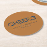 Anpassningsbar Cheers kopparflottan Blue Modern Br Underlägg Papper Rund<br><div class="desc">Ett sofistikerat bröllop underlägg med en varm brunbakgrund med vintage-inspirerad marin typografi. Personlig med parets namn och datum är snyggtens utformning perfekt för bröllopsmottagningar,  repetitionsmiddagar eller firande på årsdagen. En unik tjänst för gäster eller en anpassningsbar vid vilken händelse som helst.</div>