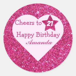 Anpassningsbar Cheers to 21 Cute Rosa Glitter Lyck Runt Klistermärke