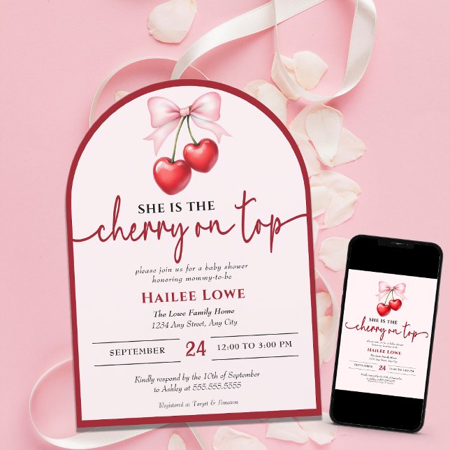 Anpassningsbar Cherry on Top Coquette Rosa Bow Bab Inbjudningar (Skapare uppladdad)