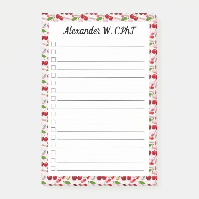 Anpassningsbar Cherry Pharmacy Tech Check List Pos Post-it Block (Framsida)