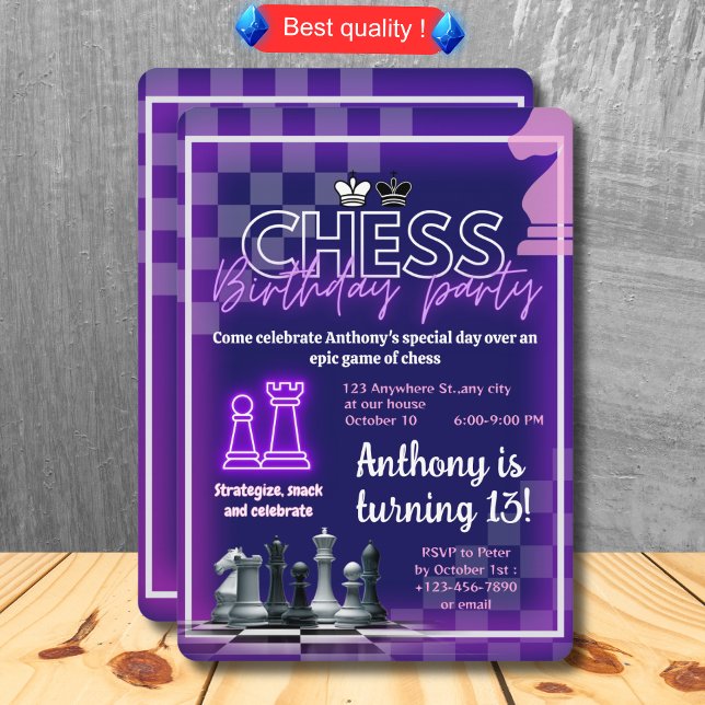 Anpassningsbar Chess Födelsedagsfest inbjudan Neon (Skapare uppladdad)