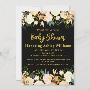 Anpassningsbar Chic Girly Black & Guld Blommigt Ba Inbjudningar