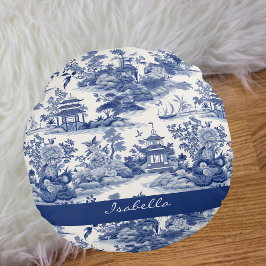 Anpassningsbar Chinoiserie Mönster Pagoda Blue Whi Rund Kudde