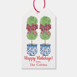 Anpassningsbar Chinoiserie Topiary Jul, Tartan Presentetikett