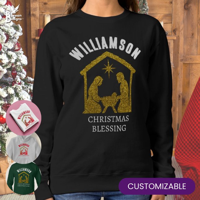 Anpassningsbar Christian Ntivity-jul T Shirt (Personalized Christmas Family Sweater with custom name and text. Ideal for festive family reunions.)