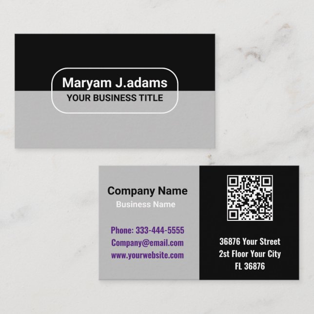 Anpassningsbar Classy Business Namn (qr-kod) Black Visitkort (Fram/baksida)