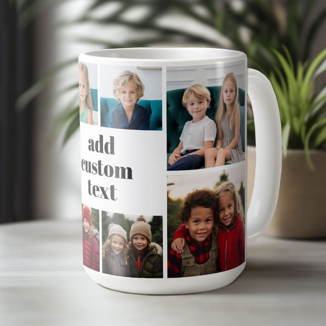 Anpassningsbar Collage 8 Foto - vit med svart text Kaffemugg (Custom Photo Mug)