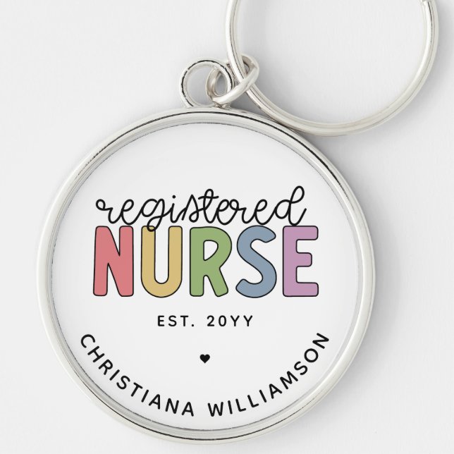 Anpassningsbar Colorful Registered Nurse RN Studen Rund Silverfärgad Nyckelring (Framsidan)