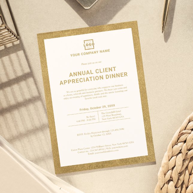 Anpassningsbar Company Business Corporate Event Pa Inbjudningar (Invite your guests with this gold invitation that has your custom logo and information.)