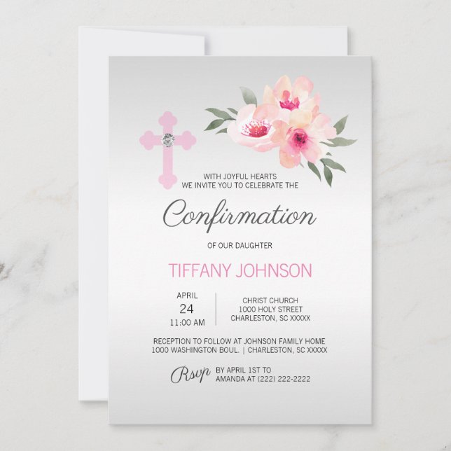Anpassningsbar CONFIRMATION Blommigt Rosa Kor GIRL Inbjudningar (Framsida)
