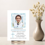 Anpassningsbar CONFIRMATION Kor Blue Boy | FOTO Inbjudningar<br><div class="desc">Elegant känsliga inbjudningar till personligerna och blå  för pojkar. Faux guld foil ram i ljusblått med PHOTO/bild och underbart kor med faux diamant. Kortets baksida har pojkens monogram. Enkla DIY-mallar - lägg bara till text och foton</div>