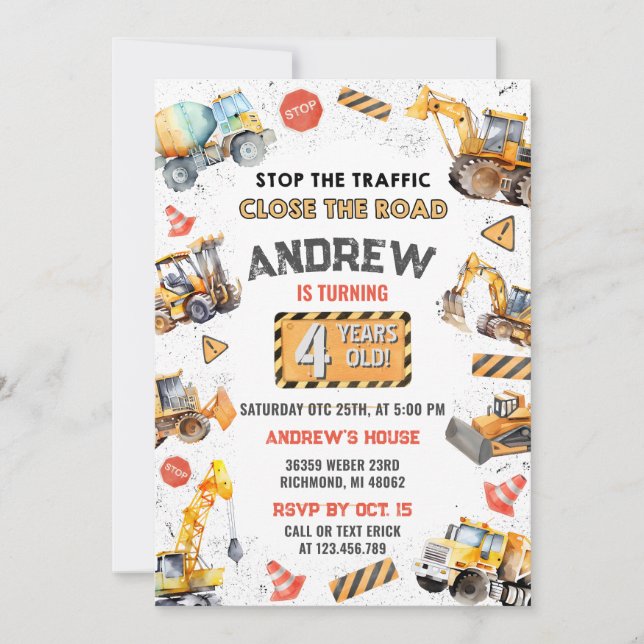 Anpassningsbar Construction Lastbil Födelsedagsfes Inbjudningar (Framsida)