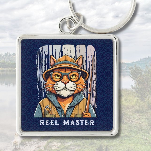 Anpassningsbar Coola Cat Pension Gifts for Fisherm Fyrkantig Silverfärgad Nyckelring (Custom Cool Cat Retirement Gifts for Fisherman Dad)