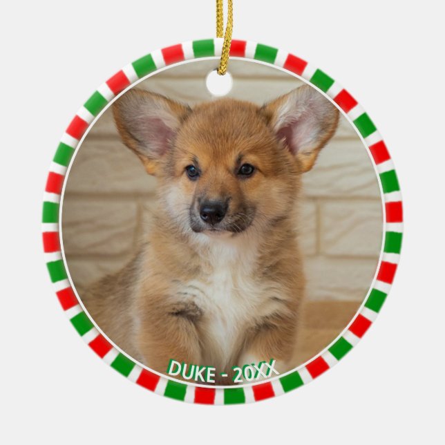 Anpassningsbar corgi hund, foto och grönt röd ram julgransprydnad keramik (Framsidan)