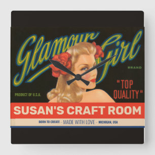 Anpassningsbar Craft Room Vintage Glamor Girl and Fyrkantig Klocka