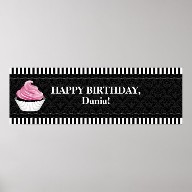 ANPASSNINGSBAR Cupkaka och Damask Birthday Banner Poster (Framsidan)
