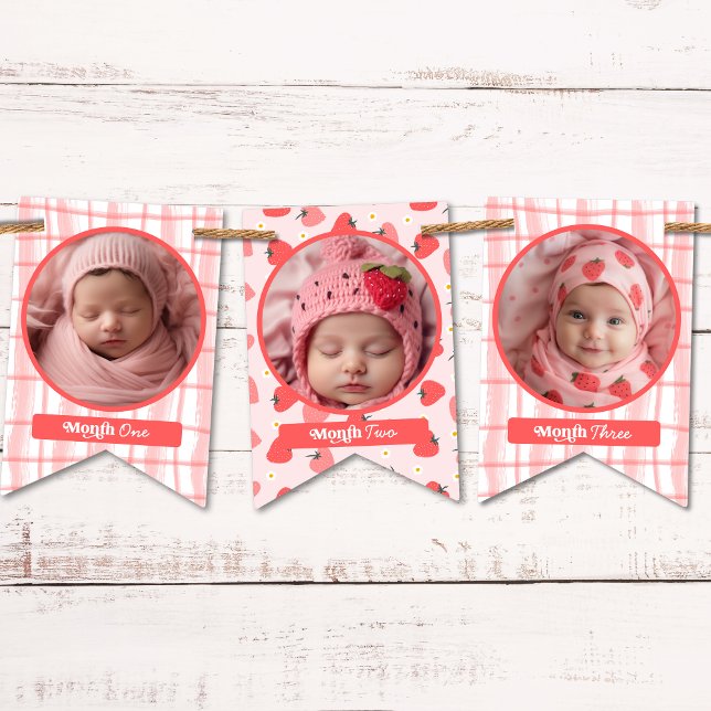 Anpassningsbar Cute Berry Första födelsedag Rosa 1 Vimplar (Custom Cute Berry First 1st Birthday Pink 12 Photo Bunting Flags)