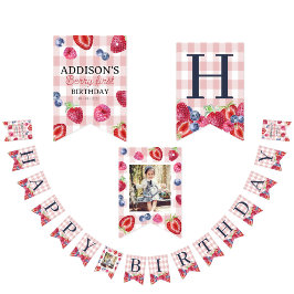 Anpassningsbar Cute Berry Första födelsedag Rosa P Vimplar