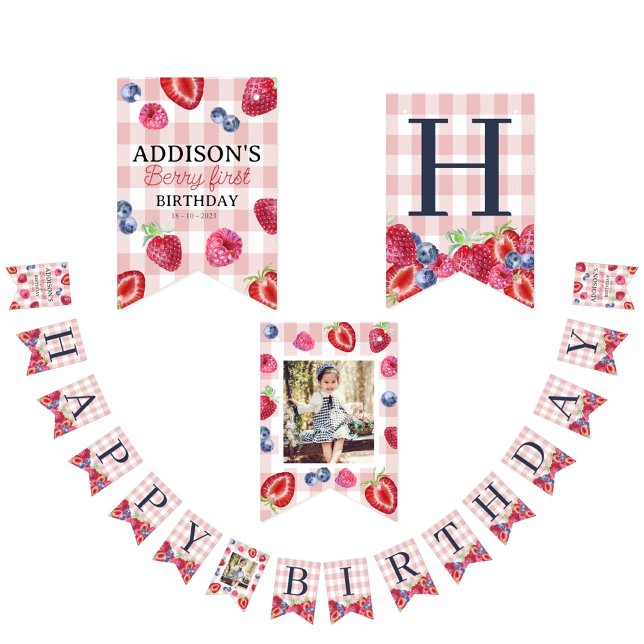 Anpassningsbar Cute Berry Första födelsedag Rosa P Vimplar (Skapare uppladdad)