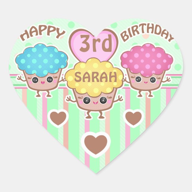 Anpassningsbar Cute Birthday Girl Kawaii Muffinss  Hjärtformat Klistermärke (Framsida)