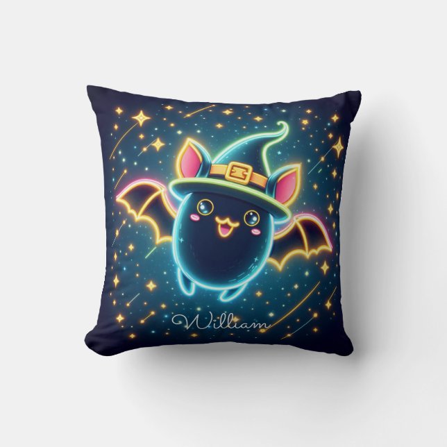 Anpassningsbar Cute Fladdermus Witch Hat Halloween Kudde (Framsida)