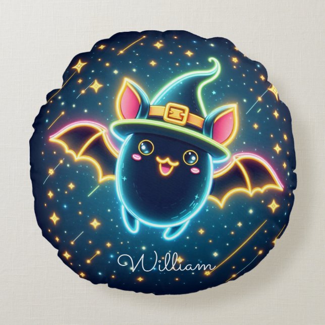 Anpassningsbar Cute Fladdermus Witch Hat Halloween Rund Kudde (Framsidan)
