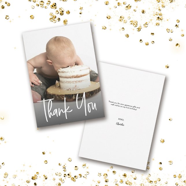 Anpassningsbar Cute-fotohantering Första födelseda Tack Kort (Baby 1st birthday thank you photo card.)