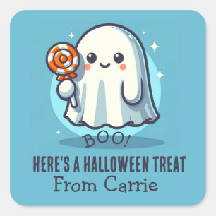 Anpassningsbar Cute Ghost med Candy Halloween Trea Fyrkantigt Klistermärke