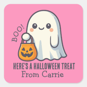 Anpassningsbar Cute Ghost med Halloween Candy Trea Fyrkantigt Klistermärke