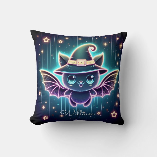 Anpassningsbar Cute Halloween Fladdermus med Witch Kudde (Framsida)